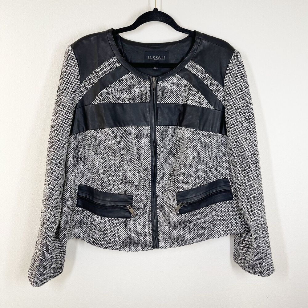 Eloquii Faux Leather Trim Tweed Jacket Womens Plus Size 14 Black Wool‎ Blend Zip